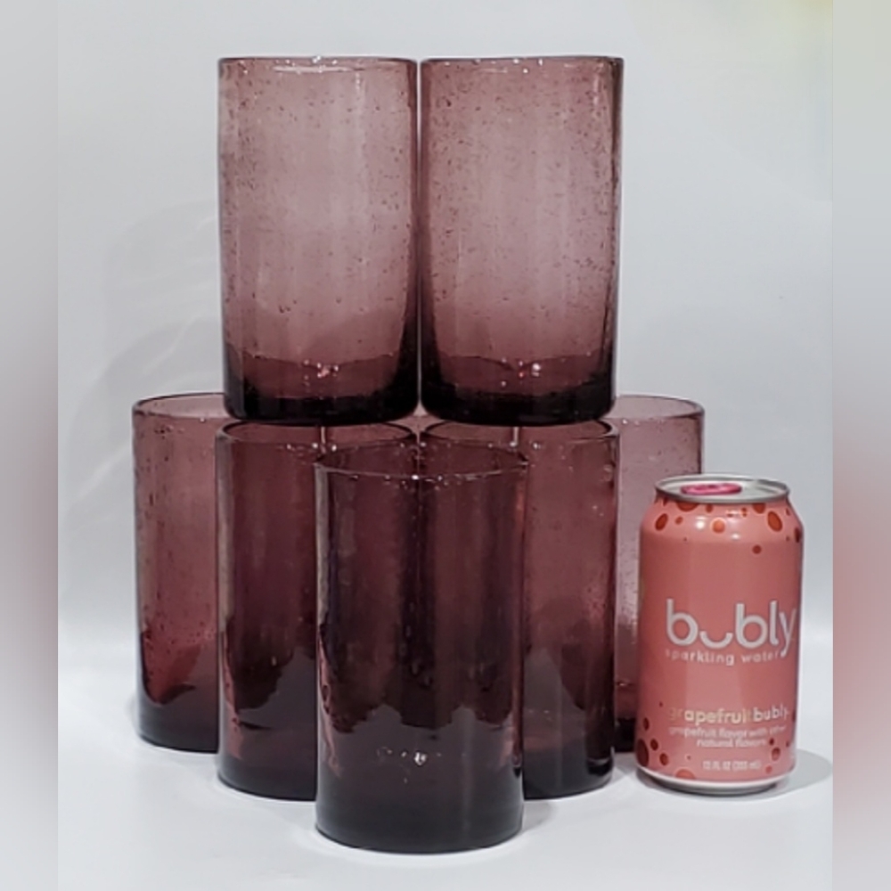 8pc Set 16oz Bubbley Mouth-Blown Thick Amythest Purple Rustic Cylinder Tumbers
